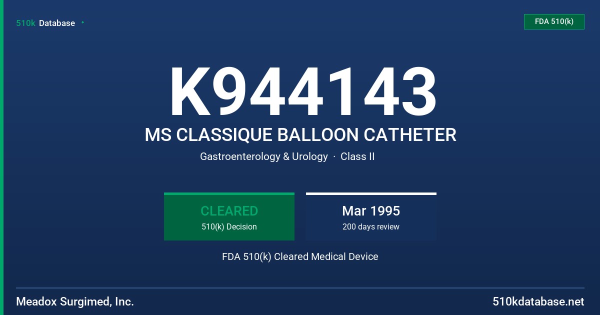 K944143 MS CLASSIQUE BALLOON CATHETER FDA 510(k) Cleared Medical Device