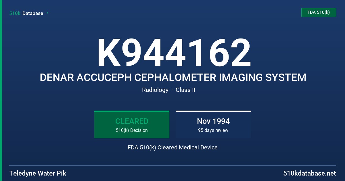 K944162 DENAR ACCUCEPH CEPHALOMETER IMAGING SYSTEM FDA 510(k) Cleared Medical Device