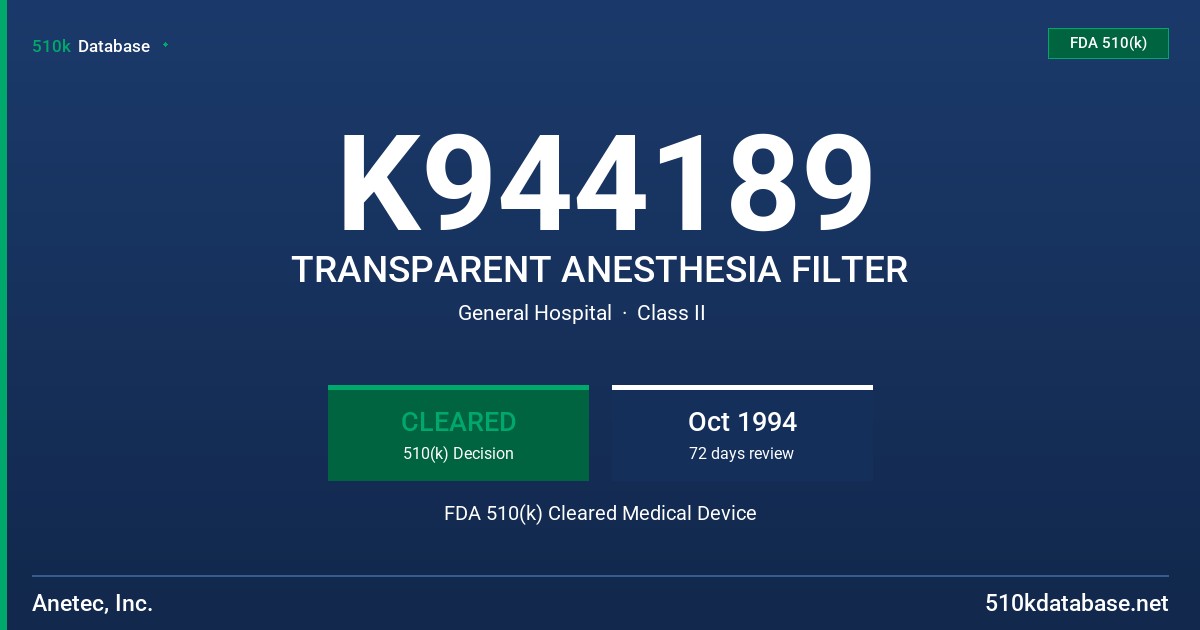 K944189 TRANSPARENT ANESTHESIA FILTER FDA 510(k) Cleared Medical Device