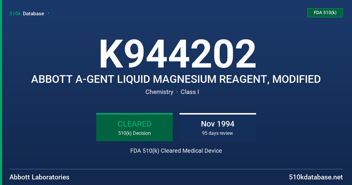 K944202 ABBOTT A-GENT LIQUID MAGNESIUM REAGENT, MODIFIED FDA 510(k) Cleared Medical Device