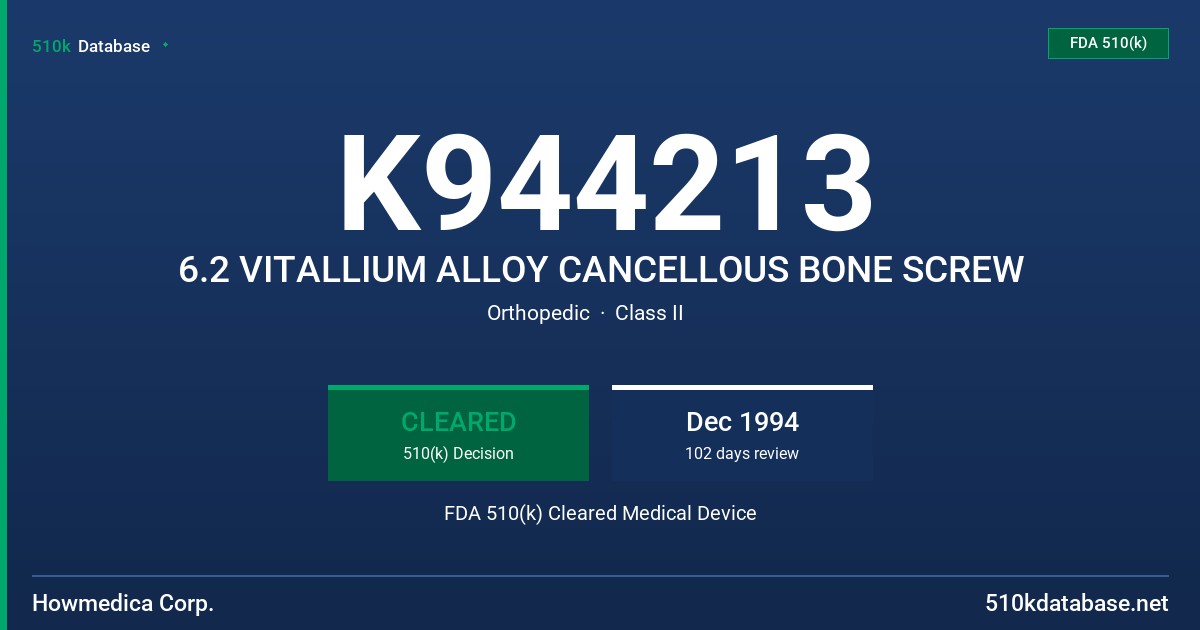 K944213 6.2 VITALLIUM ALLOY CANCELLOUS BONE SCREW FDA 510(k) Cleared Medical Device