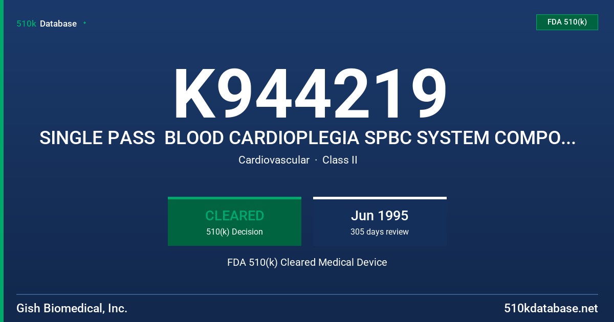 K944219 SINGLE PASS  BLOOD CARDIOPLEGIA SPBC SYSTEM COMPONENTS FDA 510(k) Cleared Medical Device