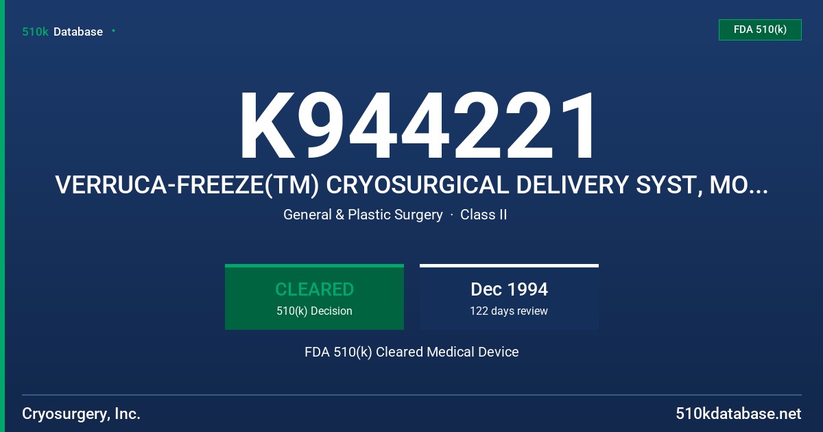 K944221 VERRUCA-FREEZE(TM) CRYOSURGICAL DELIVERY SYST, MODIFIED FDA 510(k) Cleared Medical Device