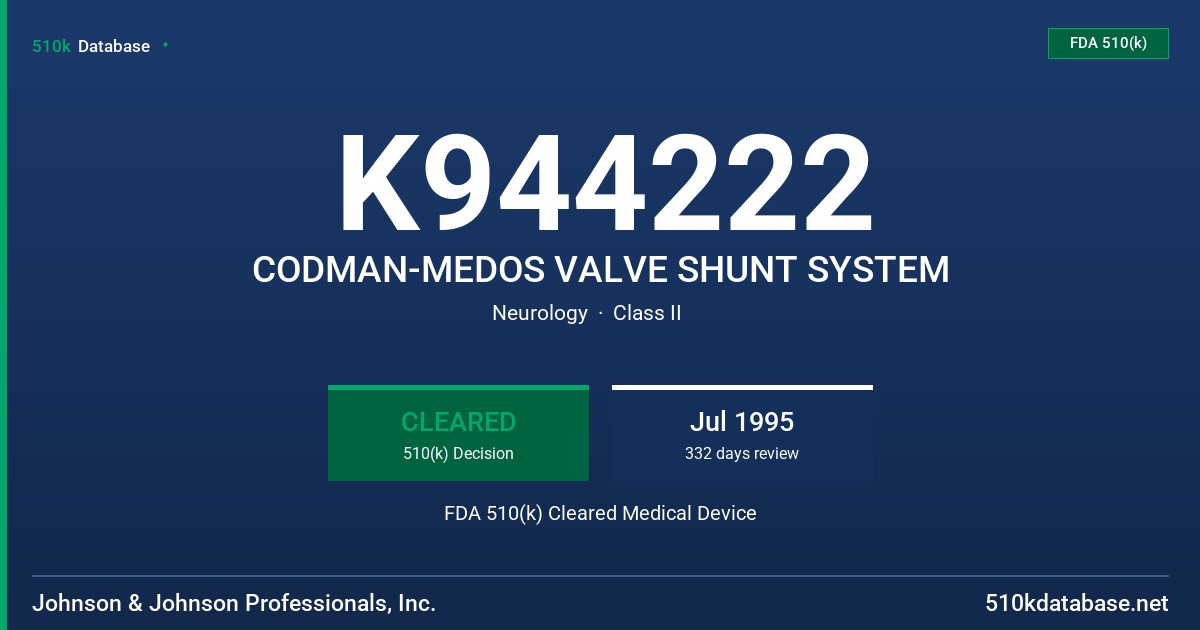 K944222 CODMAN-MEDOS VALVE SHUNT SYSTEM FDA 510(k) Cleared Medical Device