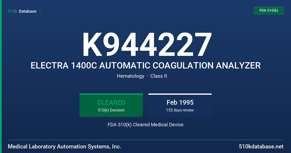 K944227 ELECTRA 1400C AUTOMATIC COAGULATION ANALYZER FDA 510(k) Cleared Medical Device