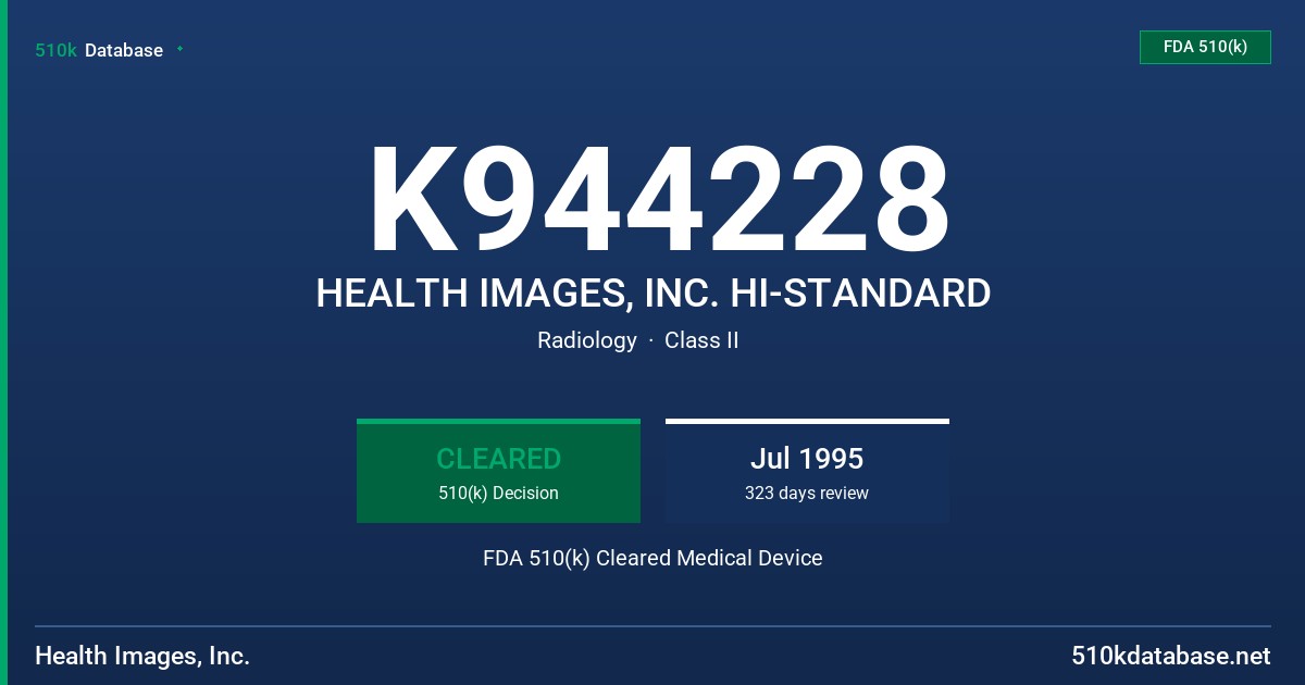 K944228 HEALTH IMAGES, INC. HI-STANDARD FDA 510(k) Cleared Medical Device