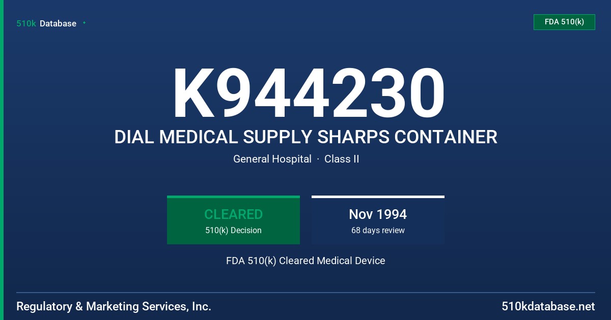 K944230 DIAL MEDICAL SUPPLY SHARPS CONTAINER FDA 510(k) Cleared Medical Device