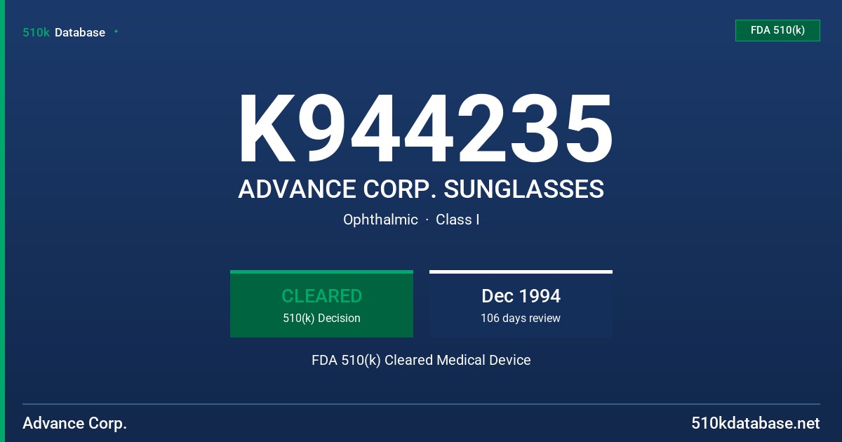 K944235 ADVANCE CORP. SUNGLASSES FDA 510(k) Cleared Medical Device