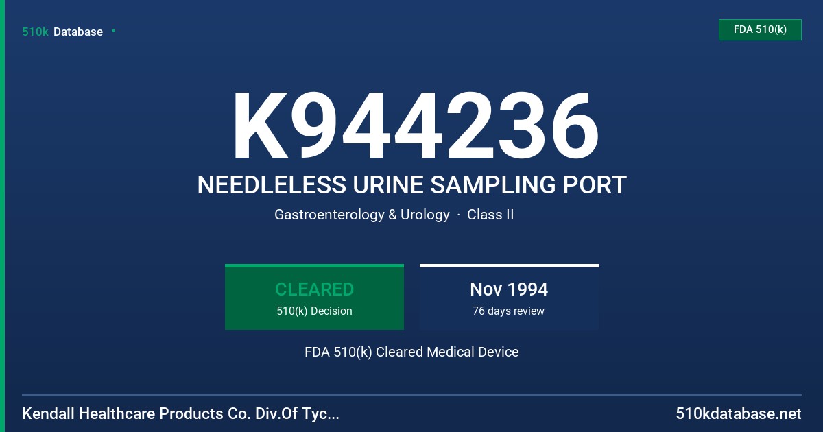 K944236 NEEDLELESS URINE SAMPLING PORT FDA 510(k) Cleared Medical Device