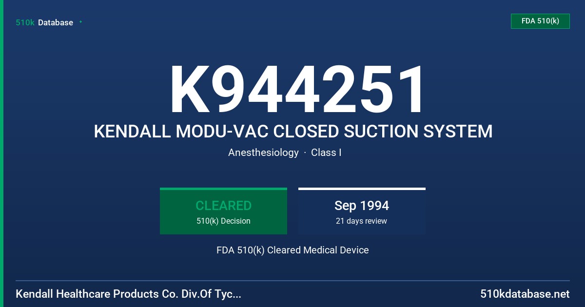 K944251 KENDALL MODU-VAC CLOSED SUCTION SYSTEM FDA 510(k) Cleared Medical Device