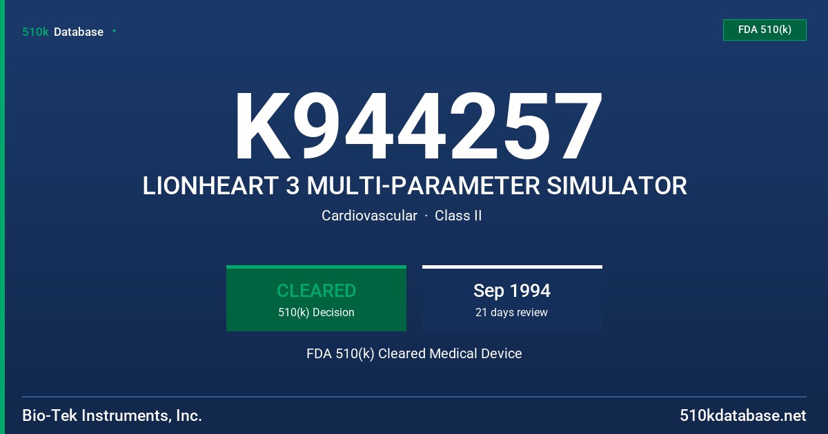 K944257 LIONHEART 3 MULTI-PARAMETER SIMULATOR FDA 510(k) Cleared Medical Device