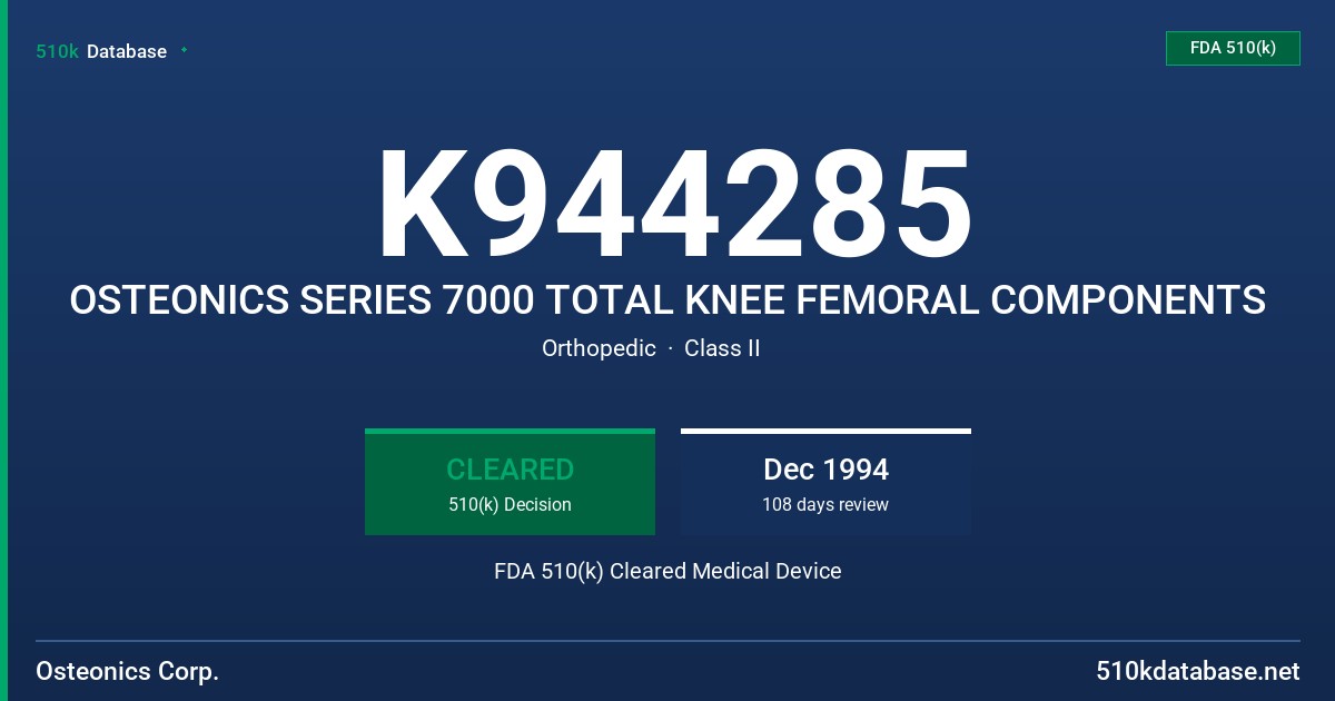 K944285 OSTEONICS SERIES 7000 TOTAL KNEE FEMORAL COMPONENTS FDA 510(k) Cleared Medical Device