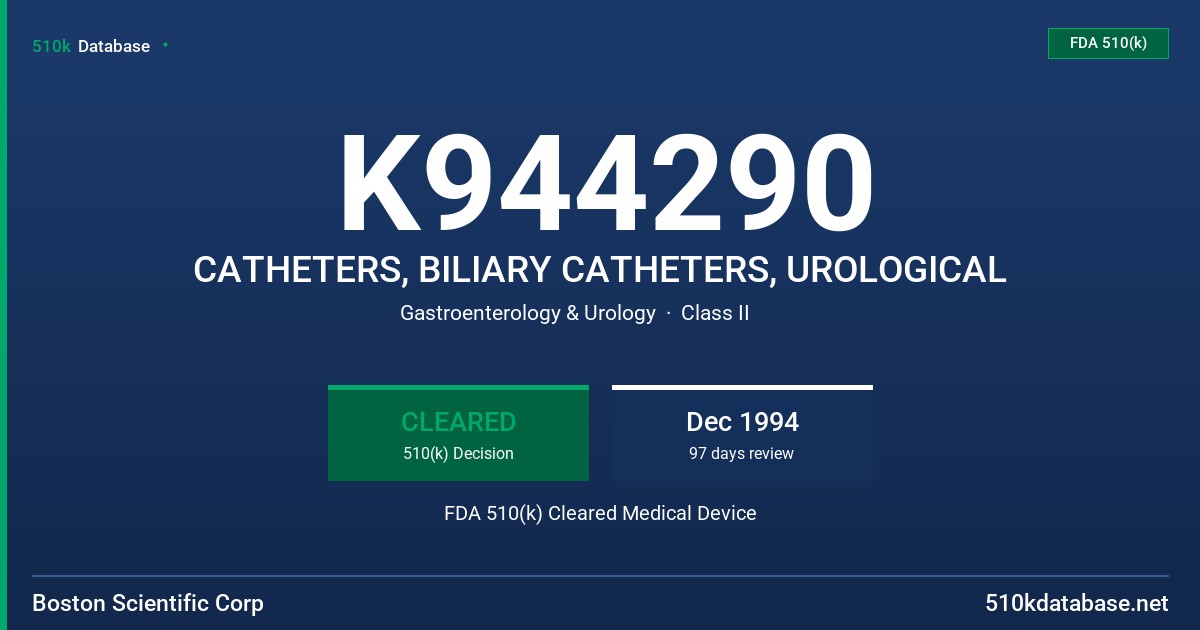 K944290 CATHETERS, BILIARY CATHETERS, UROLOGICAL FDA 510(k) Cleared Medical Device