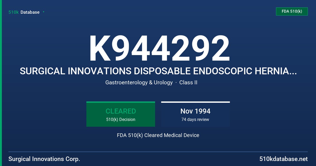 K944292 SURGICAL INNOVATIONS DISPOSABLE ENDOSCOPIC HERNIA SURGICAL STAPLER SURGICAL INNOVATIONS RESUABLE SURGICAL STAPLER HANDLE FDA 510(k) Cleared Medical Device
