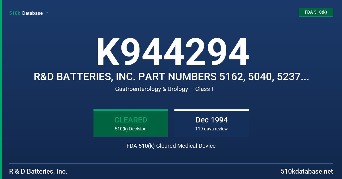 K944294 R&D BATTERIES, INC. PART NUMBERS 5162, 5040, 5237, AND 5102 FDA 510(k) Cleared Medical Device