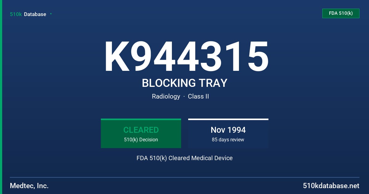 K944315 BLOCKING TRAY FDA 510(k) Cleared Medical Device