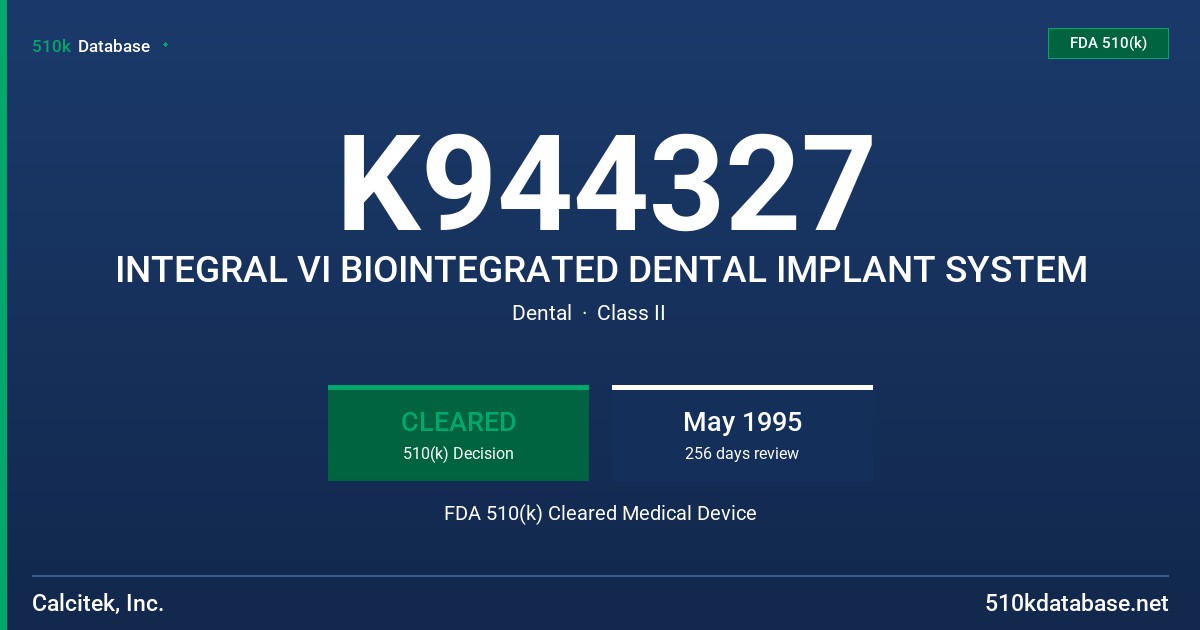 K944327 INTEGRAL VI BIOINTEGRATED DENTAL IMPLANT SYSTEM FDA 510(k) Cleared Medical Device