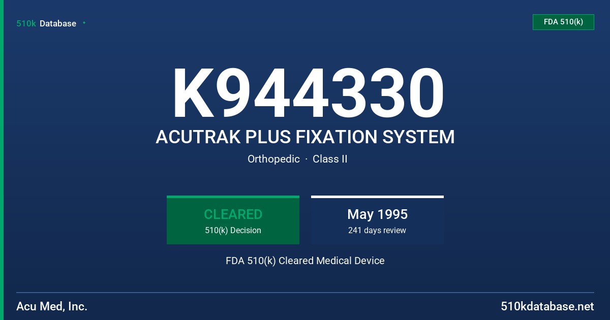 K944330 ACUTRAK PLUS FIXATION SYSTEM FDA 510(k) Cleared Medical Device