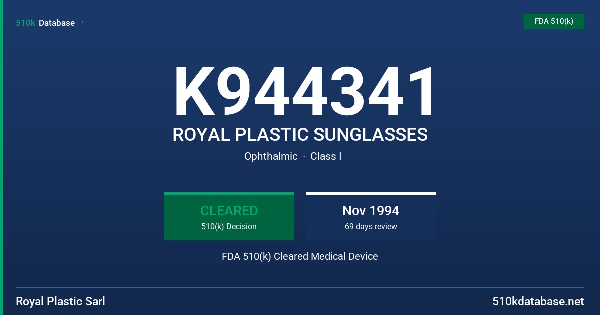K944341 ROYAL PLASTIC SUNGLASSES FDA 510(k) Cleared Medical Device