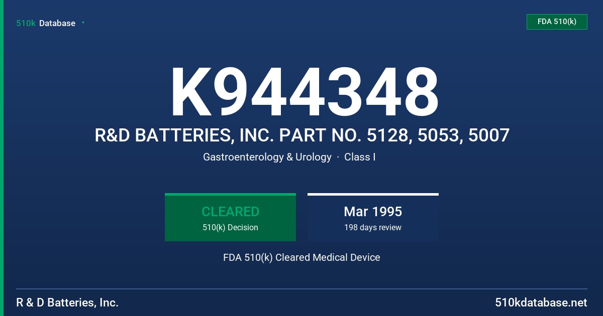 K944348 R&D BATTERIES, INC. PART NO. 5128, 5053, 5007 FDA 510(k) Cleared Medical Device