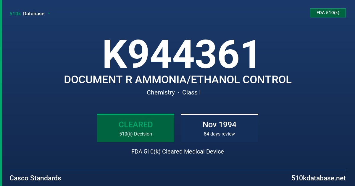 K944361 DOCUMENT R AMMONIA/ETHANOL CONTROL FDA 510(k) Cleared Medical Device