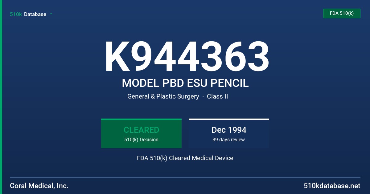 K944363 MODEL PBD ESU PENCIL FDA 510(k) Cleared Medical Device