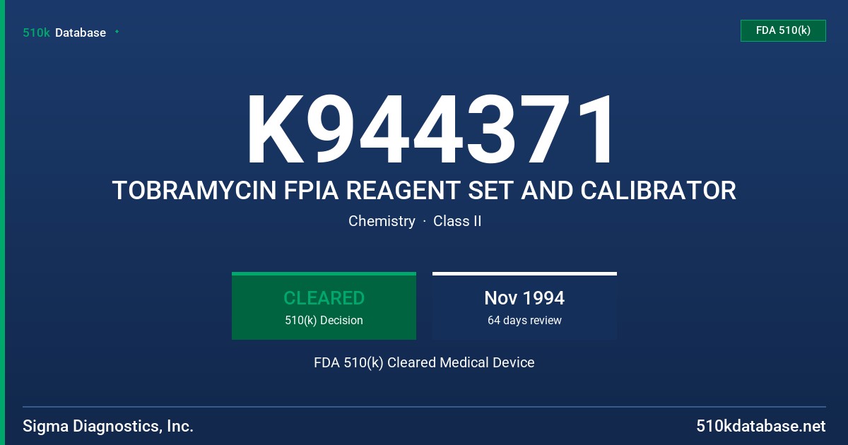 K944371 TOBRAMYCIN FPIA REAGENT SET AND CALIBRATOR FDA 510(k) Cleared Medical Device
