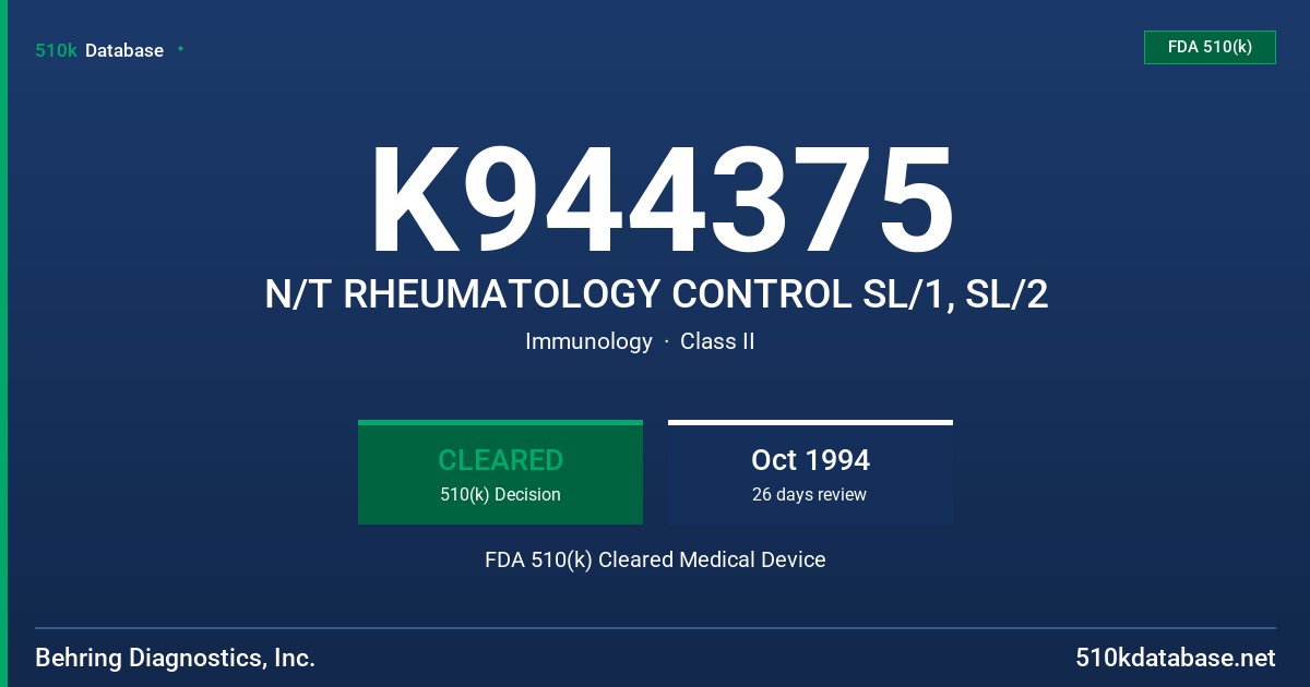 K944375 N/T RHEUMATOLOGY CONTROL SL/1, SL/2 FDA 510(k) Cleared Medical Device