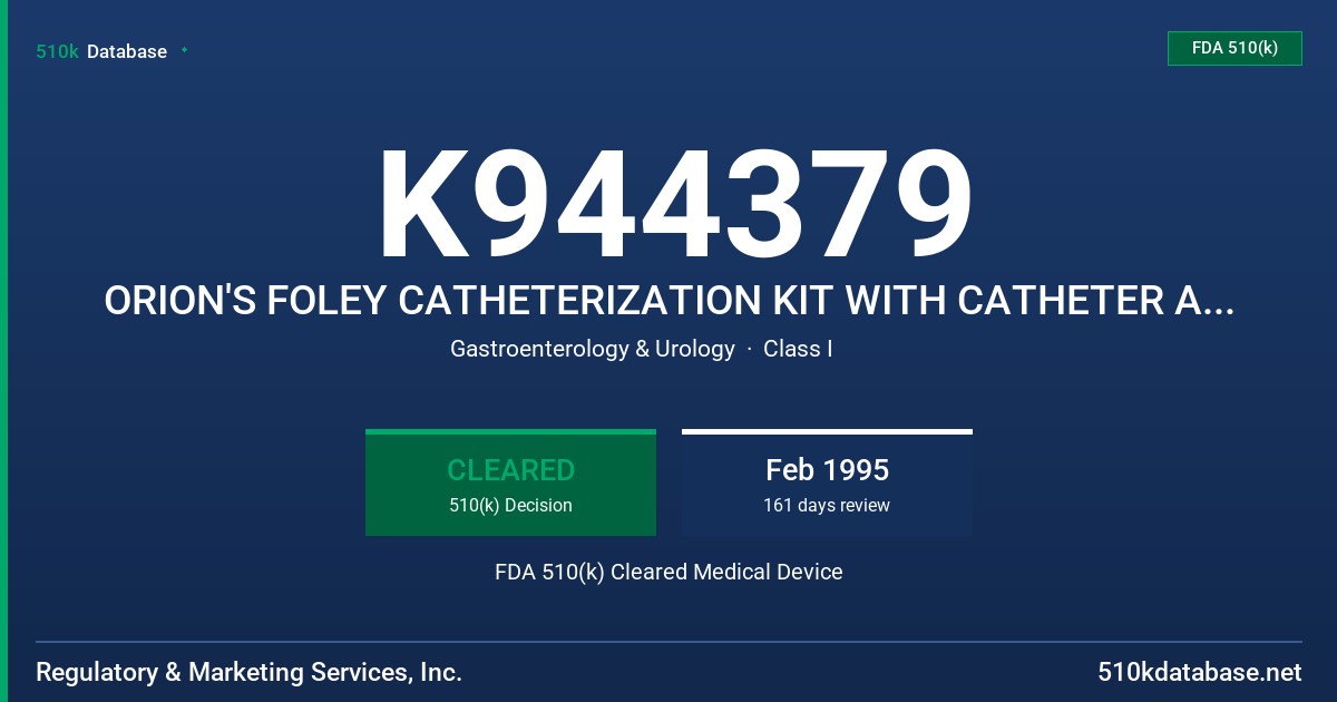K944379 ORION'S FOLEY CATHETERIZATION KIT WITH CATHETER AND BAG FDA 510(k) Cleared Medical Device