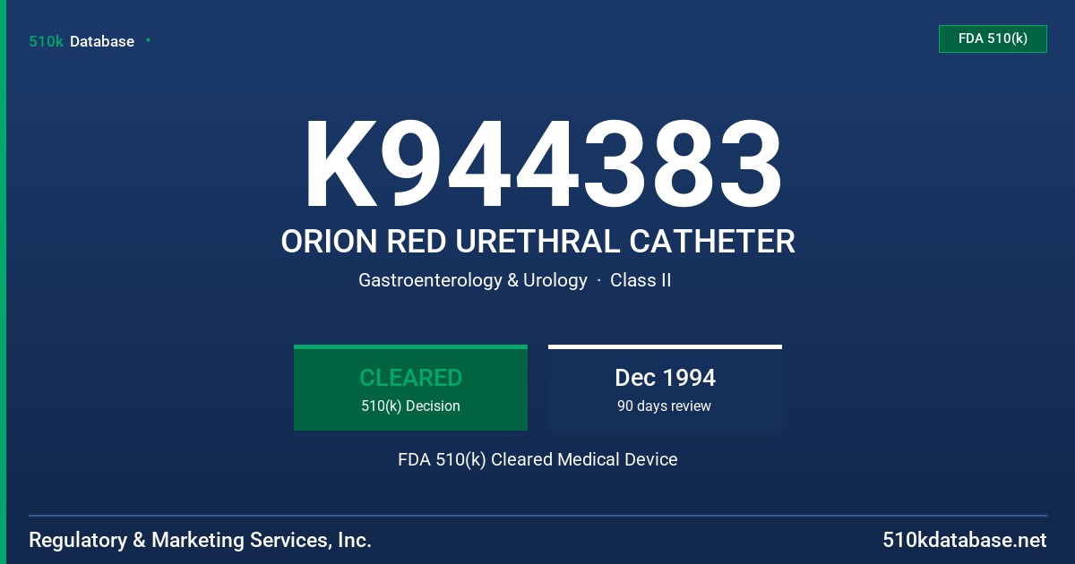 K944383 ORION RED URETHRAL CATHETER FDA 510(k) Cleared Medical Device