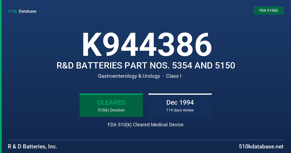 K944386 R&D BATTERIES PART NOS. 5354 AND 5150 FDA 510(k) Cleared Medical Device
