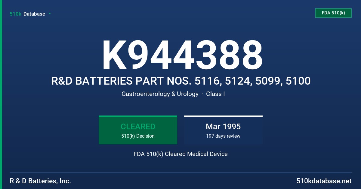 K944388 R&D BATTERIES PART NOS. 5116, 5124, 5099, 5100 FDA 510(k) Cleared Medical Device