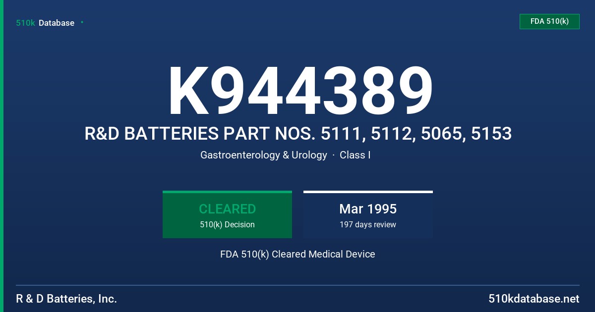 K944389 R&D BATTERIES PART NOS. 5111, 5112, 5065, 5153 FDA 510(k) Cleared Medical Device