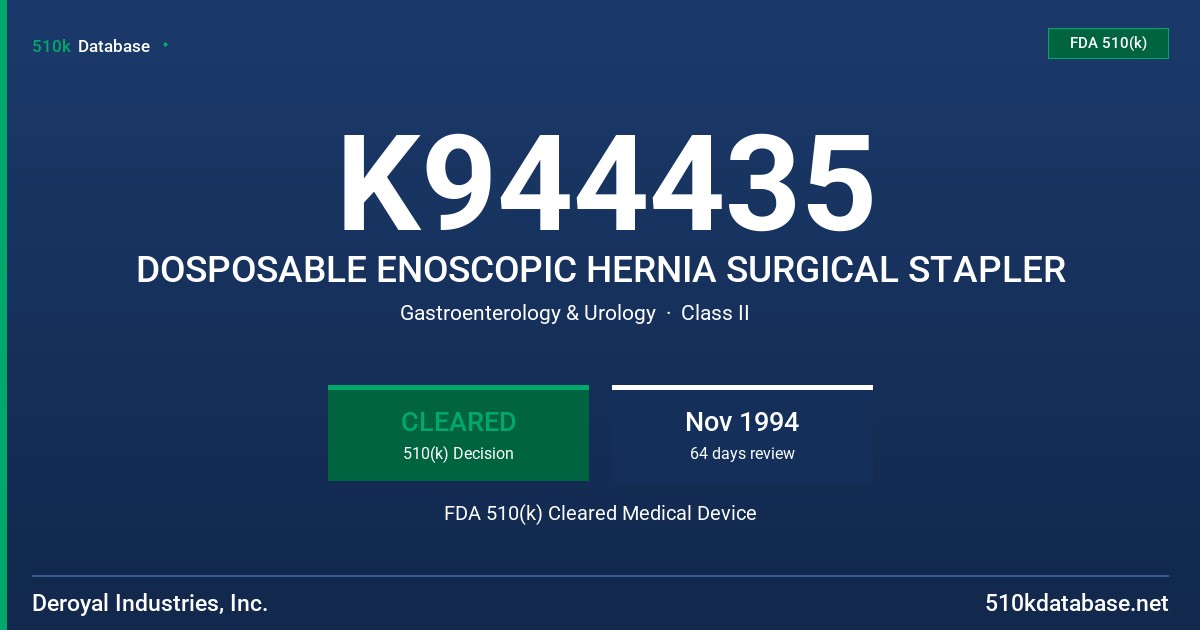 K944435 DOSPOSABLE ENOSCOPIC HERNIA SURGICAL STAPLER FDA 510(k) Cleared Medical Device