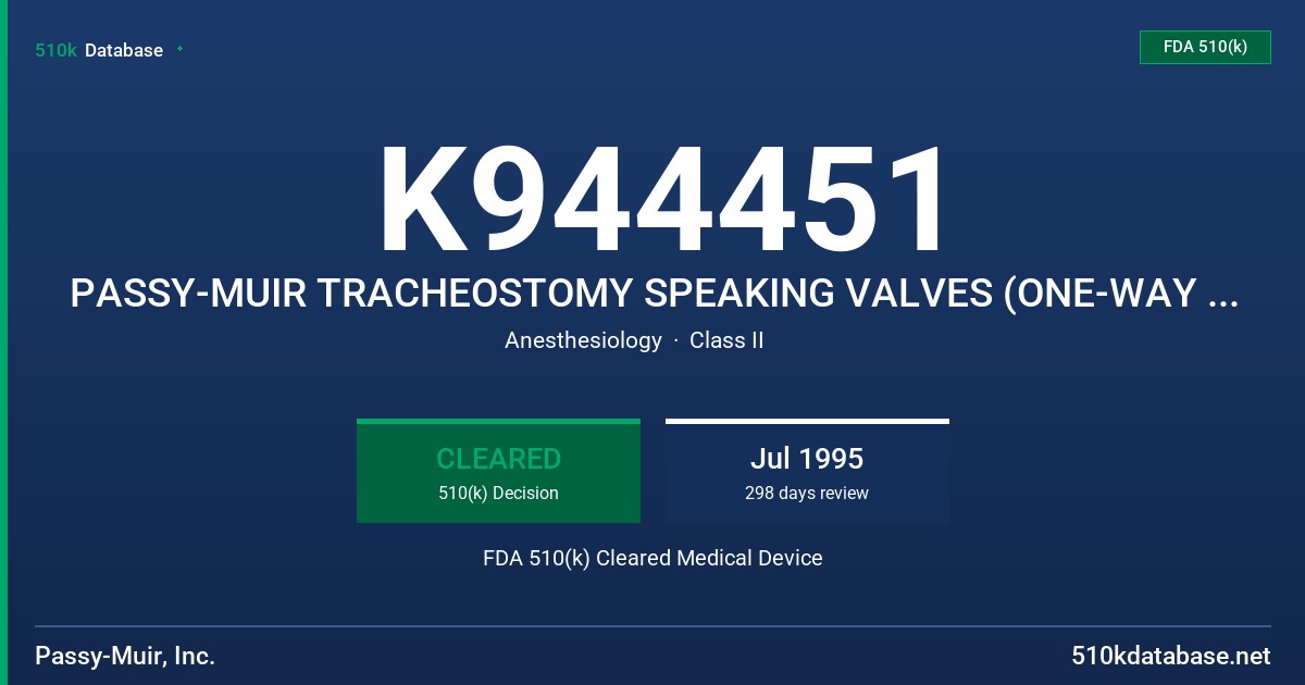 K944451 PASSY-MUIR TRACHEOSTOMY SPEAKING VALVES (ONE-WAY TRACHEOSTOMY SPEAKING VALVES) FDA 510(k) Cleared Medical Device