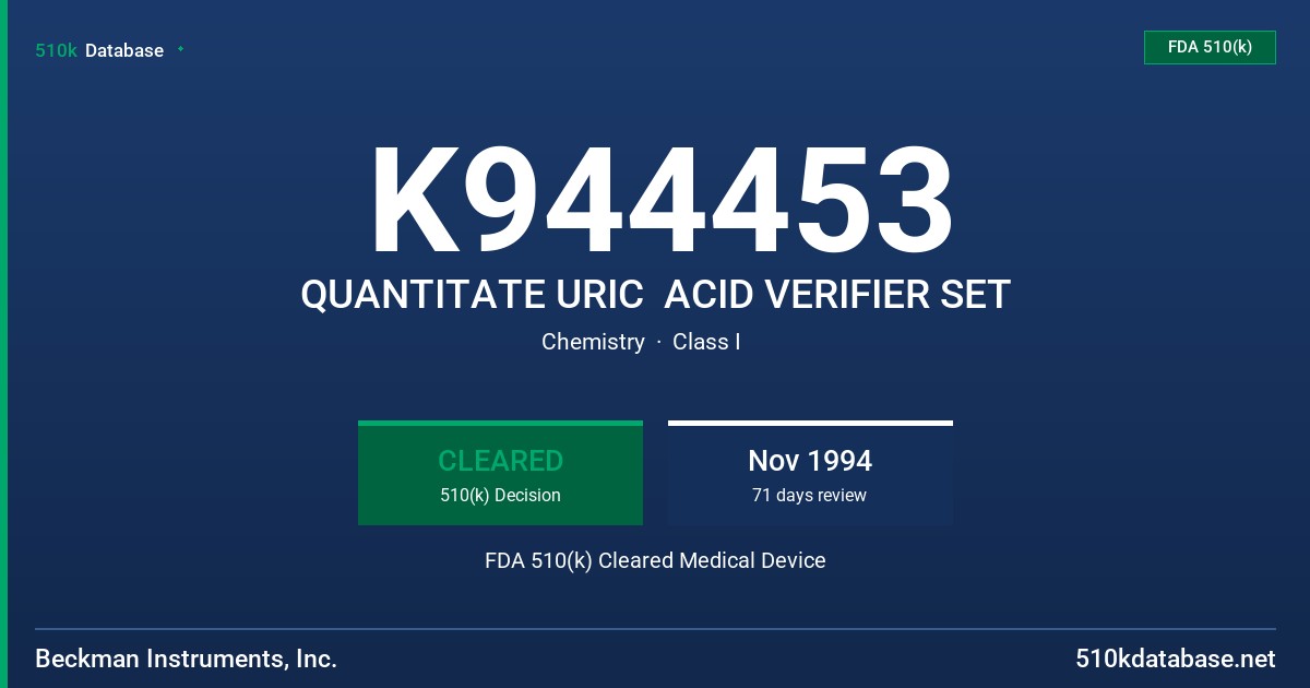 K944453 QUANTITATE URIC  ACID VERIFIER SET FDA 510(k) Cleared Medical Device