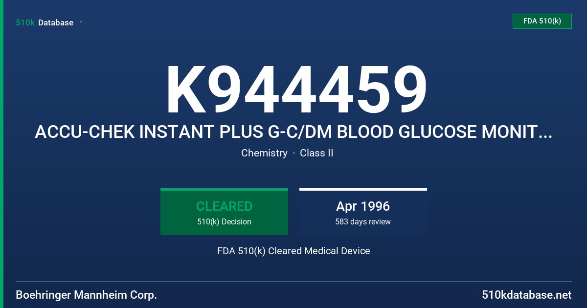 K944459 ACCU-CHEK INSTANT PLUS G-C/DM BLOOD GLUCOSE MONITORING SYSTEM FDA 510(k) Cleared Medical Device
