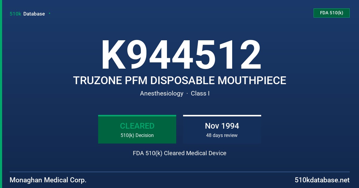 K944512 TRUZONE PFM DISPOSABLE MOUTHPIECE FDA 510(k) Cleared Medical Device