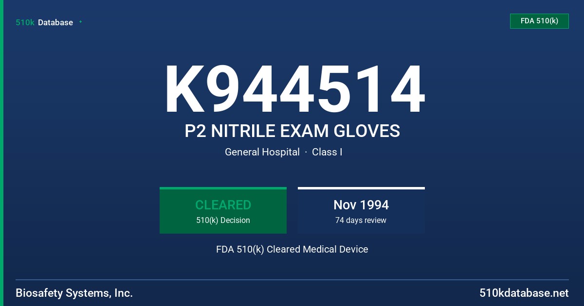 K944514 P2 NITRILE EXAM GLOVES FDA 510(k) Cleared Medical Device