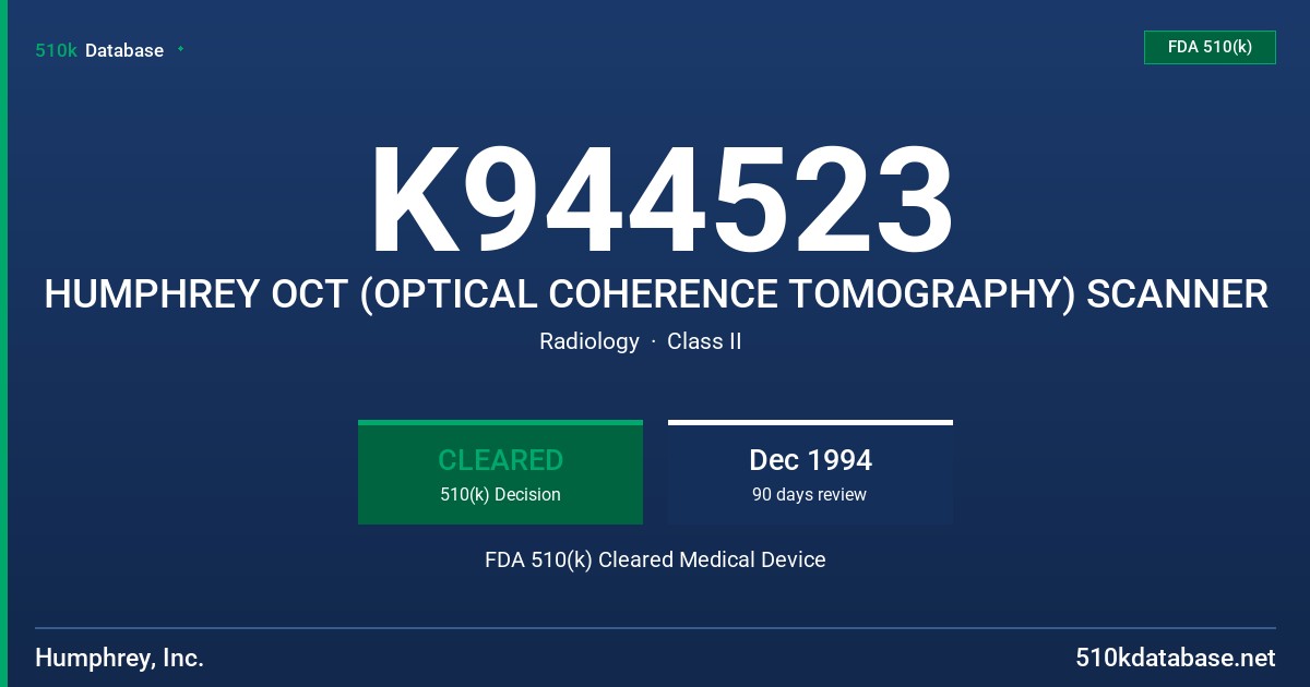 K944523 HUMPHREY OCT (OPTICAL COHERENCE TOMOGRAPHY) SCANNER FDA 510(k) Cleared Medical Device