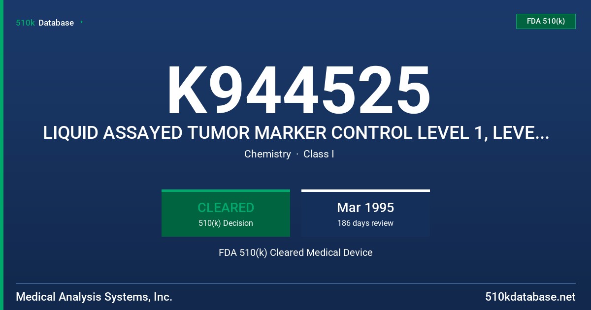 K944525 LIQUID ASSAYED TUMOR MARKER CONTROL LEVEL 1, LEVEL 2, LEVEL 3 FDA 510(k) Cleared Medical Device