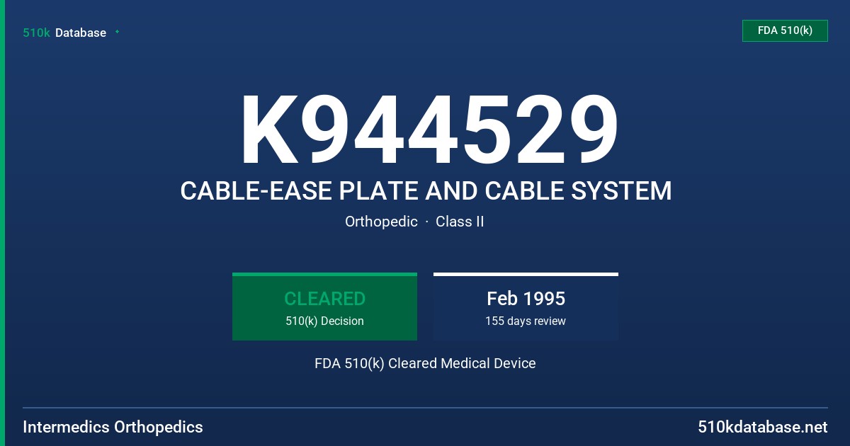 K944529 CABLE-EASE PLATE AND CABLE SYSTEM FDA 510(k) Cleared Medical Device