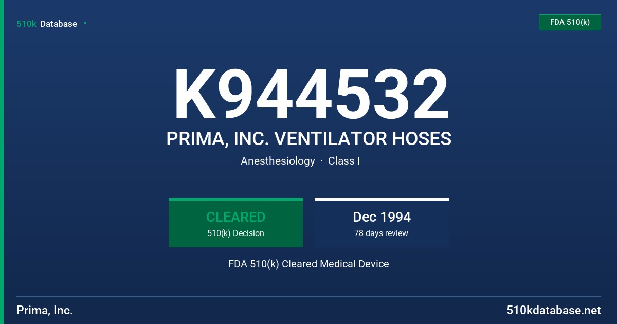 K944532 PRIMA, INC. VENTILATOR HOSES FDA 510(k) Cleared Medical Device