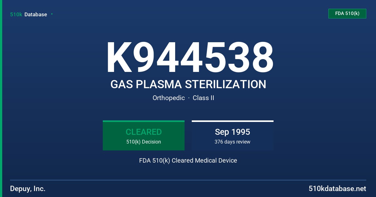 K944538 GAS PLASMA STERILIZATION FDA 510(k) Cleared Medical Device