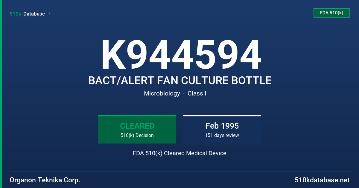 K944594 BACT/ALERT FAN CULTURE BOTTLE FDA 510(k) Cleared Medical Device