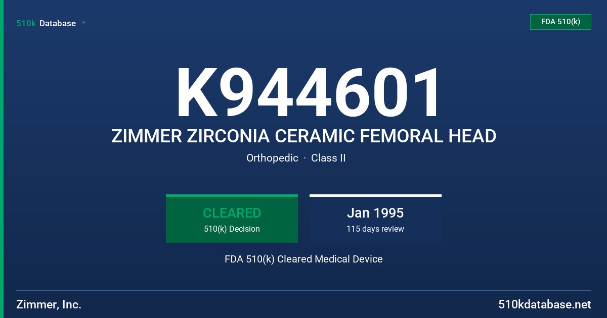 K944601 ZIMMER ZIRCONIA CERAMIC FEMORAL HEAD FDA 510(k) Cleared Medical Device