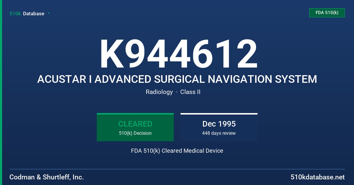 K944612 ACUSTAR I ADVANCED SURGICAL NAVIGATION SYSTEM FDA 510(k) Cleared Medical Device