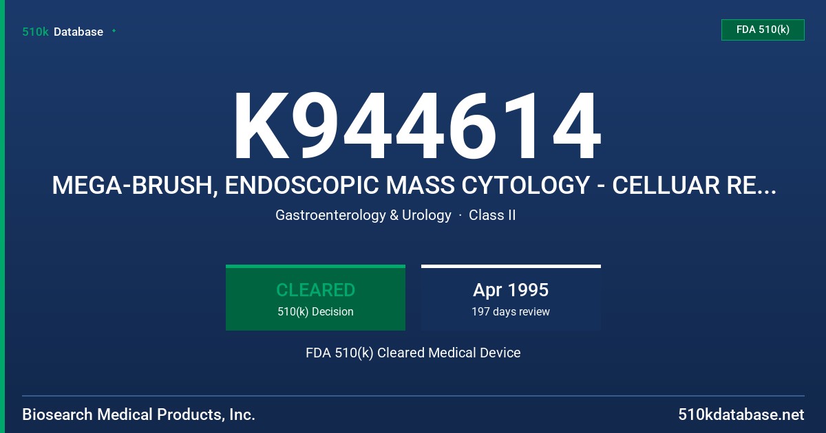 K944614 MEGA-BRUSH, ENDOSCOPIC MASS CYTOLOGY - CELLUAR RETRIEVAL SYSTEM FDA 510(k) Cleared Medical Device