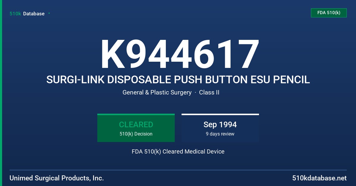 K944617 SURGI-LINK DISPOSABLE PUSH BUTTON ESU PENCIL FDA 510(k) Cleared Medical Device