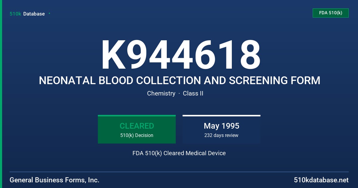 K944618 NEONATAL BLOOD COLLECTION AND SCREENING FORM FDA 510(k) Cleared Medical Device
